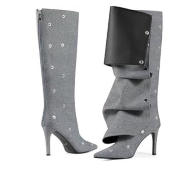 Unbranded Shoes - Gray Denim size 6 Slouch Snap Knee High Stiletto Boots Pointed Toe Edgy Boots